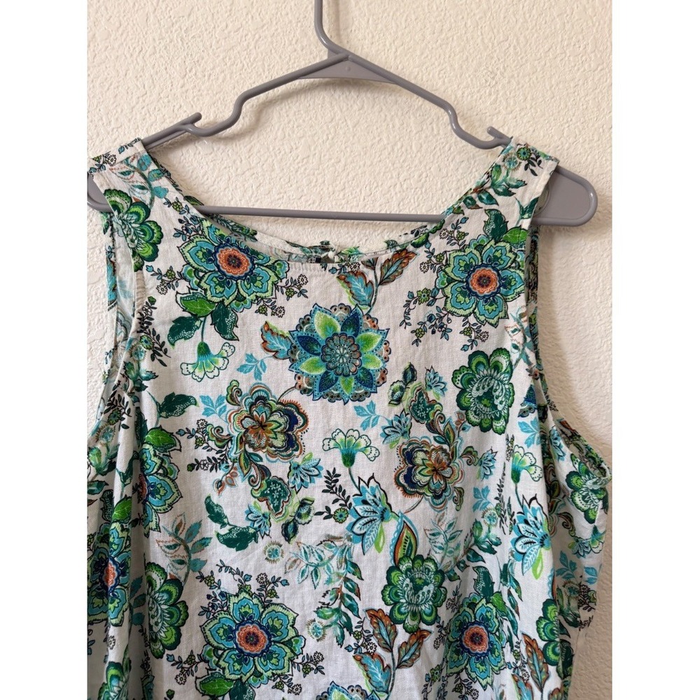 Womens Floral Linen Rayon Sleeveless Blouse Top Green Blue White Tie Back size X - Picture 5 of 13